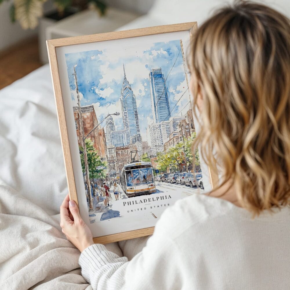 Woman Holding Framed Downtown Philadelphia Watercolor Wall Art - Portrait Woman Holding Framed Downtown Philadelphia Watercolor Wall Art - Portrait