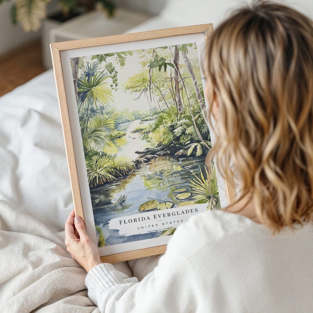 Woman Holding Framed Everglades National Park Watercolor Wall Art - Portrait Woman Holding Framed Everglades National Park Watercolor Wall Art - Portrait