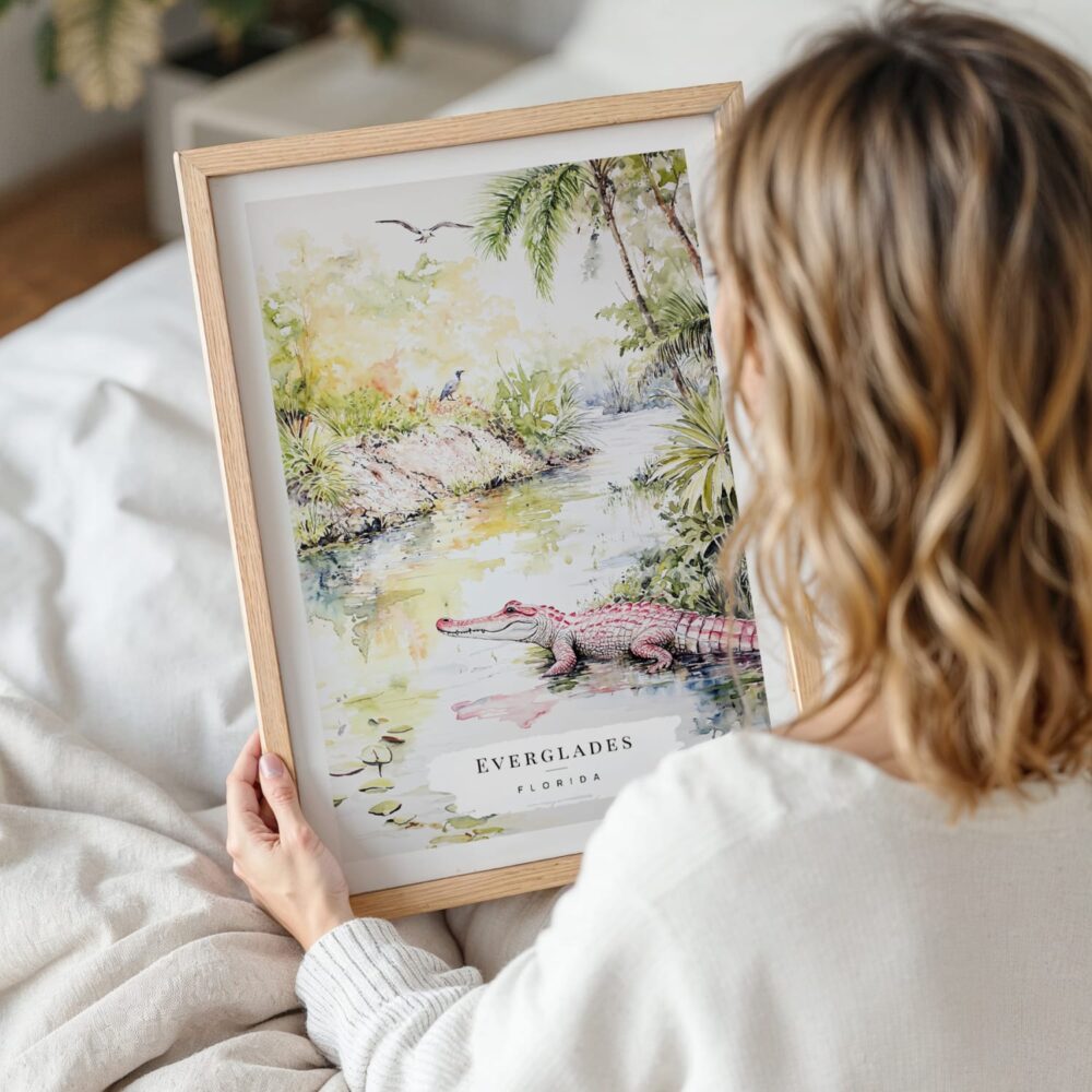 Woman Holding Framed Florida Everglades Watercolor Wall Art - Portrait Woman Holding Framed Florida Everglades Watercolor Wall Art - Portrait