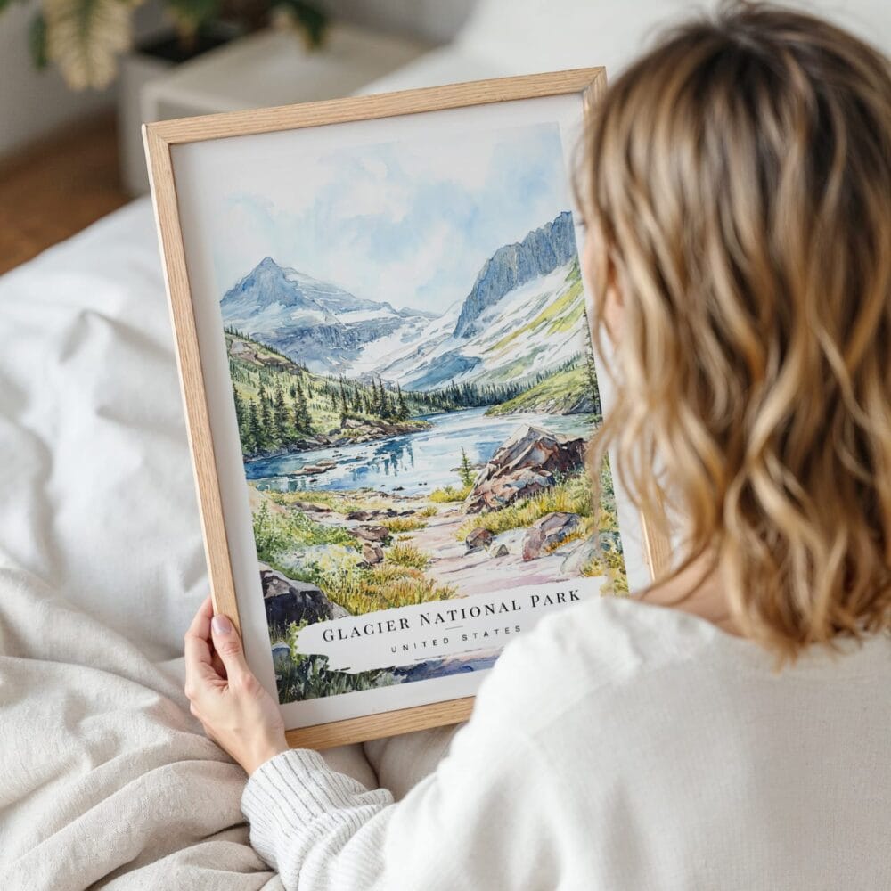 Woman Holding Framed Glacier National Park Watercolor Wall Art - Portrait Woman Holding Framed Glacier National Park Watercolor Wall Art - Portrait