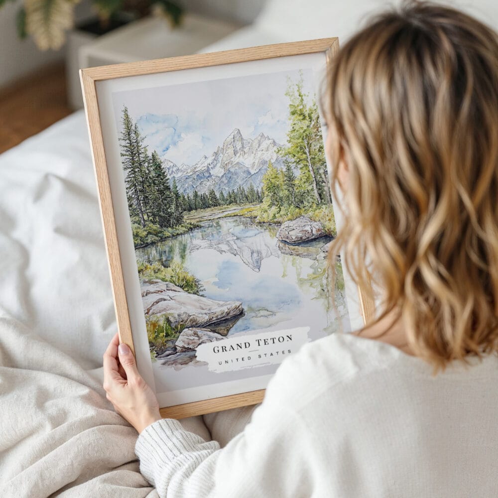 Woman Holding Framed Grand Teton National Park Watercolor Wall Art - Portrait Woman Holding Framed Grand Teton National Park Watercolor Wall Art - Portrait