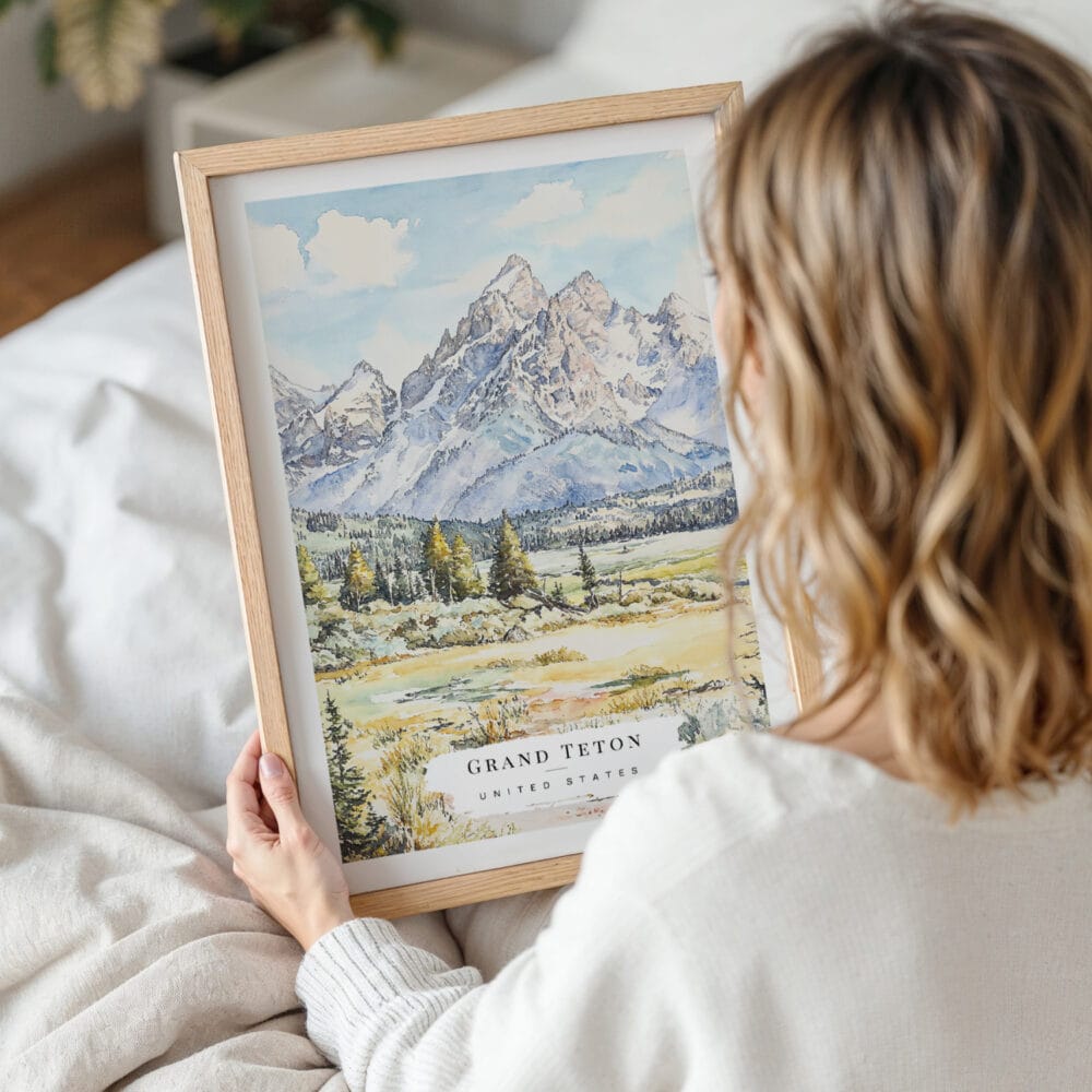 Woman Holding Framed Grand Teton Watercolor Wall Art - Portrait Woman Holding Framed Grand Teton Watercolor Wall Art - Portrait