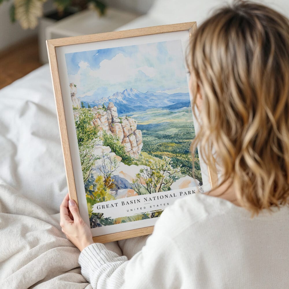 Woman Holding Framed Great Basin National Park Watercolor Wall Art - Portrait Woman Holding Framed Great Basin National Park Watercolor Wall Art - Portrait