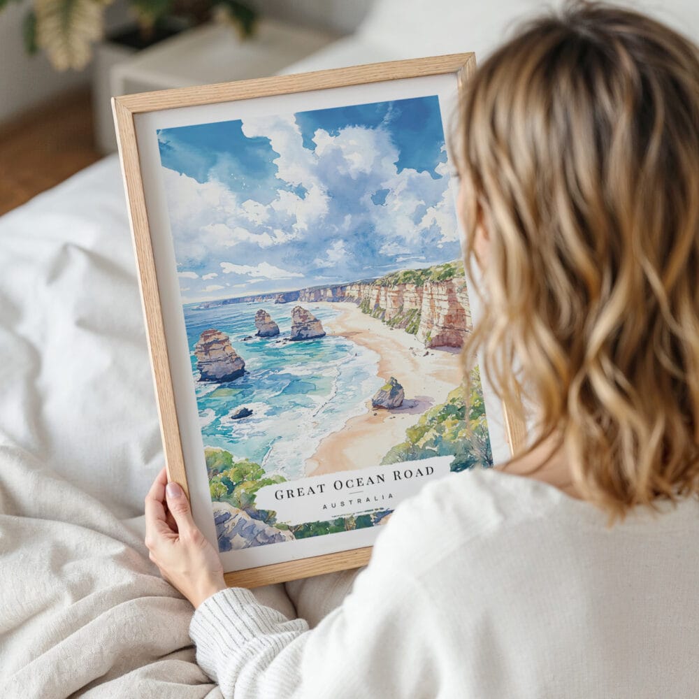 Woman Holding Framed Great Ocean Road Australia Watercolor Wall Art - Portrait Woman Holding Framed Great Ocean Road Australia Watercolor Wall Art - Portrait