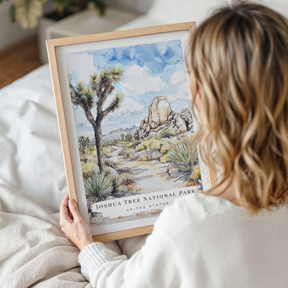 Woman Holding Framed Joshua Tree National Park Watercolor Wall Art - Portrait Woman Holding Framed Joshua Tree National Park Watercolor Wall Art - Portrait
