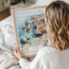 Woman Holding Framed Lagos Portugal Cliffs Watercolor Wall Art - Portrait