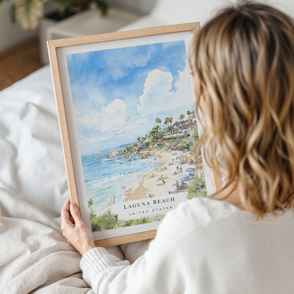 Woman Holding Framed Laguna Beach Watercolor Wall Art - Portrait Woman Holding Framed Laguna Beach Watercolor Wall Art - Portrait