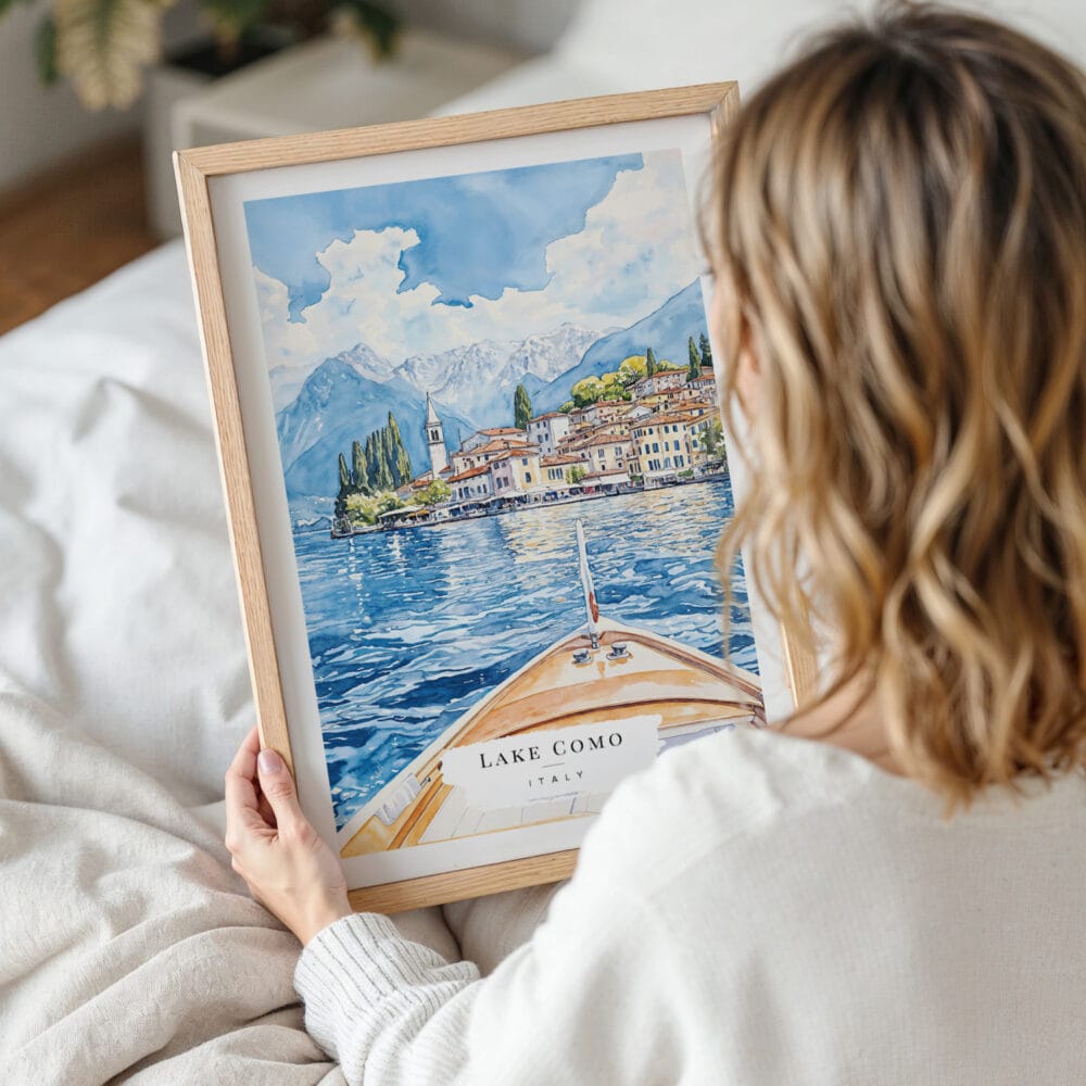 Woman Holding Framed Lake Como View from Boat Watercolor Wall Art - Portrait Woman Holding Framed Lake Como View from Boat Watercolor Wall Art - Portrait