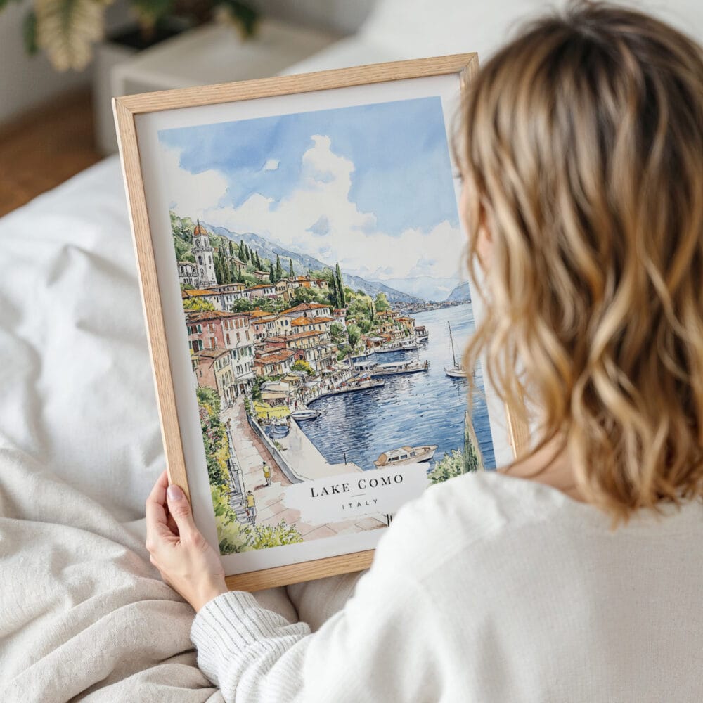 Woman Holding Framed Lake Como Watercolor Wall Art - Portrait Woman Holding Framed Lake Como Watercolor Wall Art - Portrait