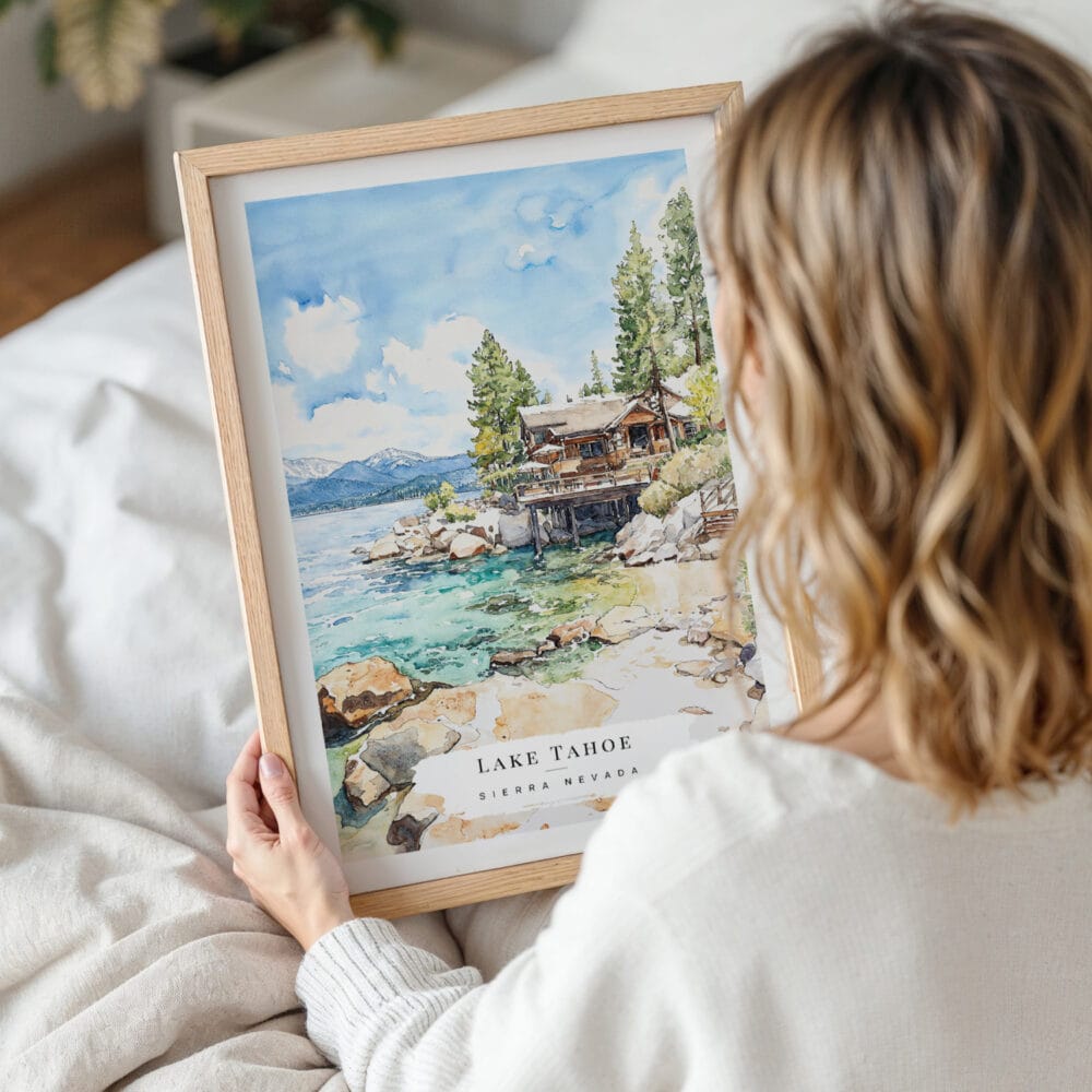 Woman Holding Framed Lake Tahoe Cabin Watercolor Wall Art - Portrait Woman Holding Framed Lake Tahoe Cabin Watercolor Wall Art - Portrait