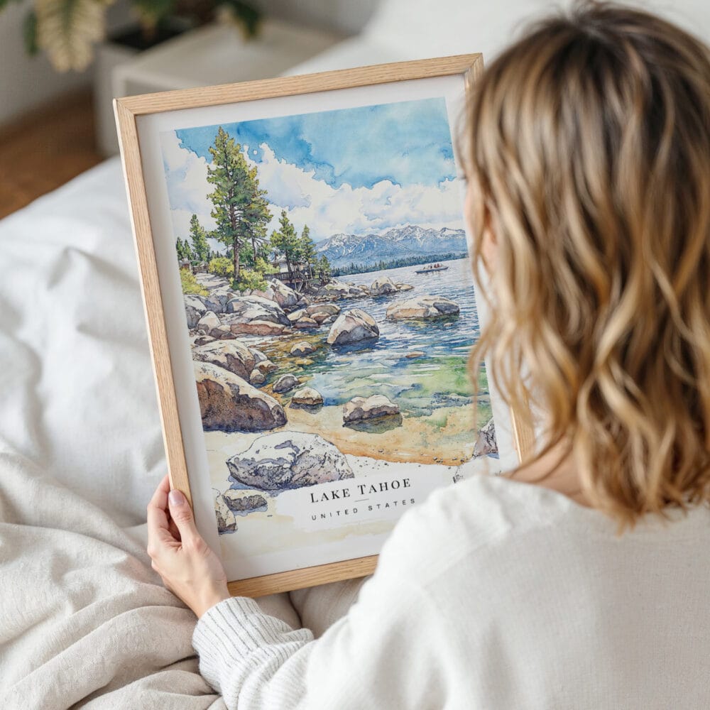 Woman Holding Framed Lake Tahoe Watercolor Wall Art - Portrait Woman Holding Framed Lake Tahoe Watercolor Wall Art - Portrait
