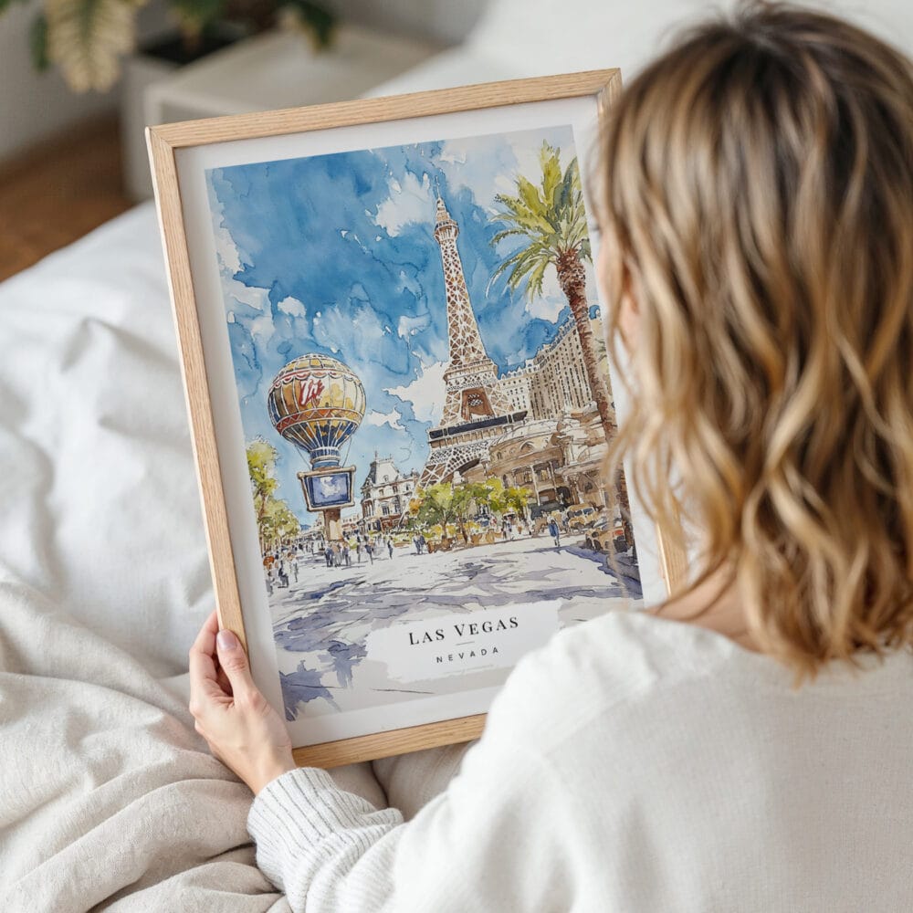 Woman Holding Framed Las Vegas Watercolor Wall Art - Portrait Woman Holding Framed Las Vegas Watercolor Wall Art - Portrait