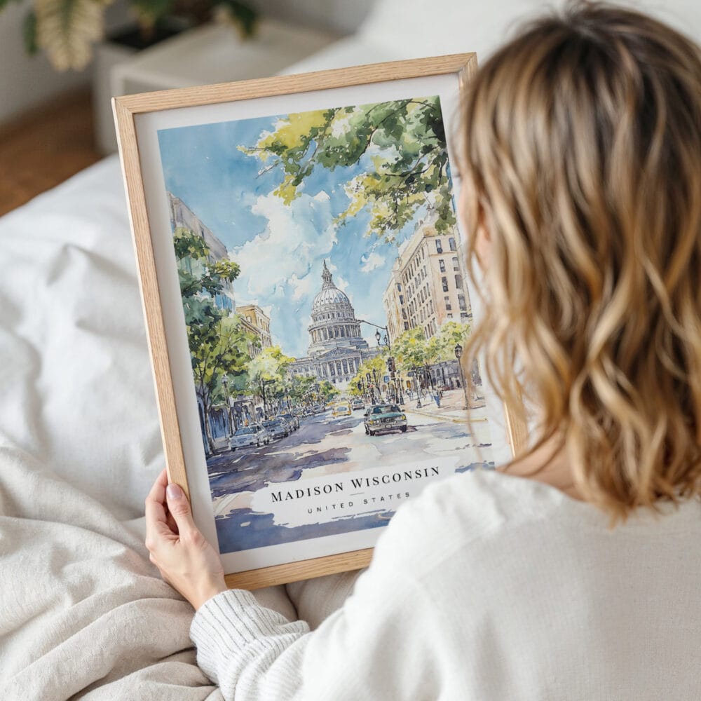 Woman Holding Framed Madison Wisconsin Capital Building Watercolor Wall Art - Portrait Woman Holding Framed Madison Wisconsin Capital Building Watercolor Wall Art - Portrait