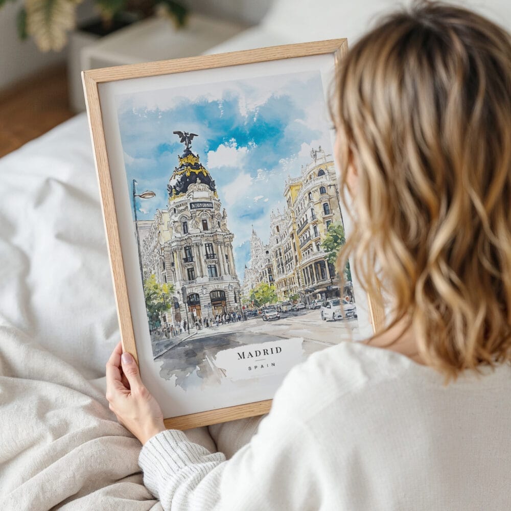 Woman Holding Framed Madrid Watercolor Wall Art - Portrait Woman Holding Framed Madrid Watercolor Wall Art - Portrait