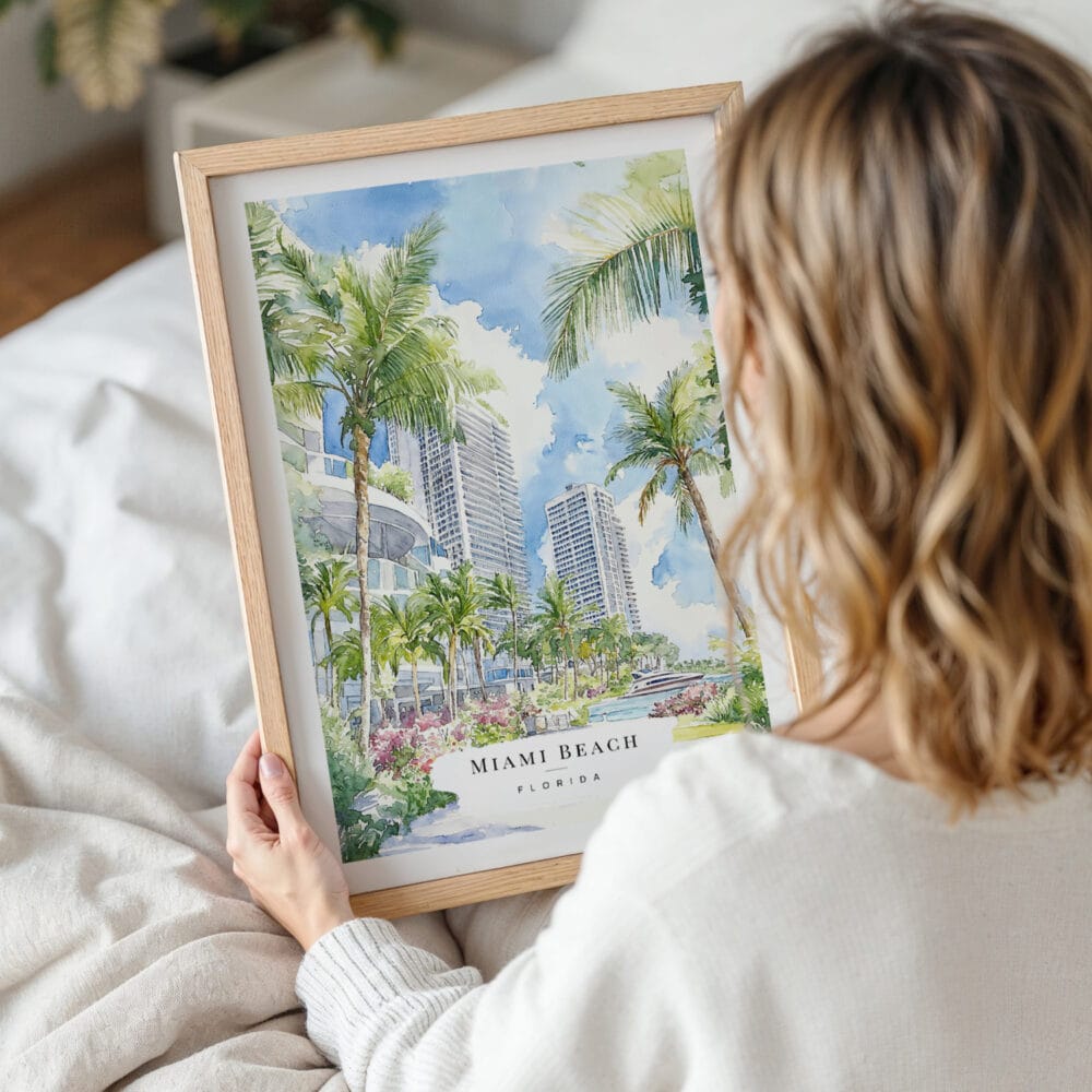 Woman Holding Framed Miami Beach Watercolor Wall Art - Portrait Woman Holding Framed Miami Beach Watercolor Wall Art - Portrait