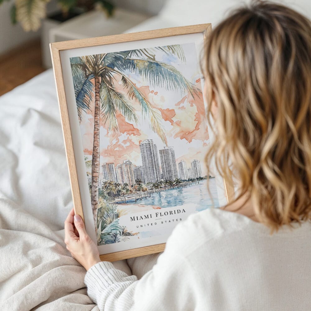 Woman Holding Framed Miami Florida Sunset Watercolor Wall Art - Portrait Woman Holding Framed Miami Florida Sunset Watercolor Wall Art - Portrait