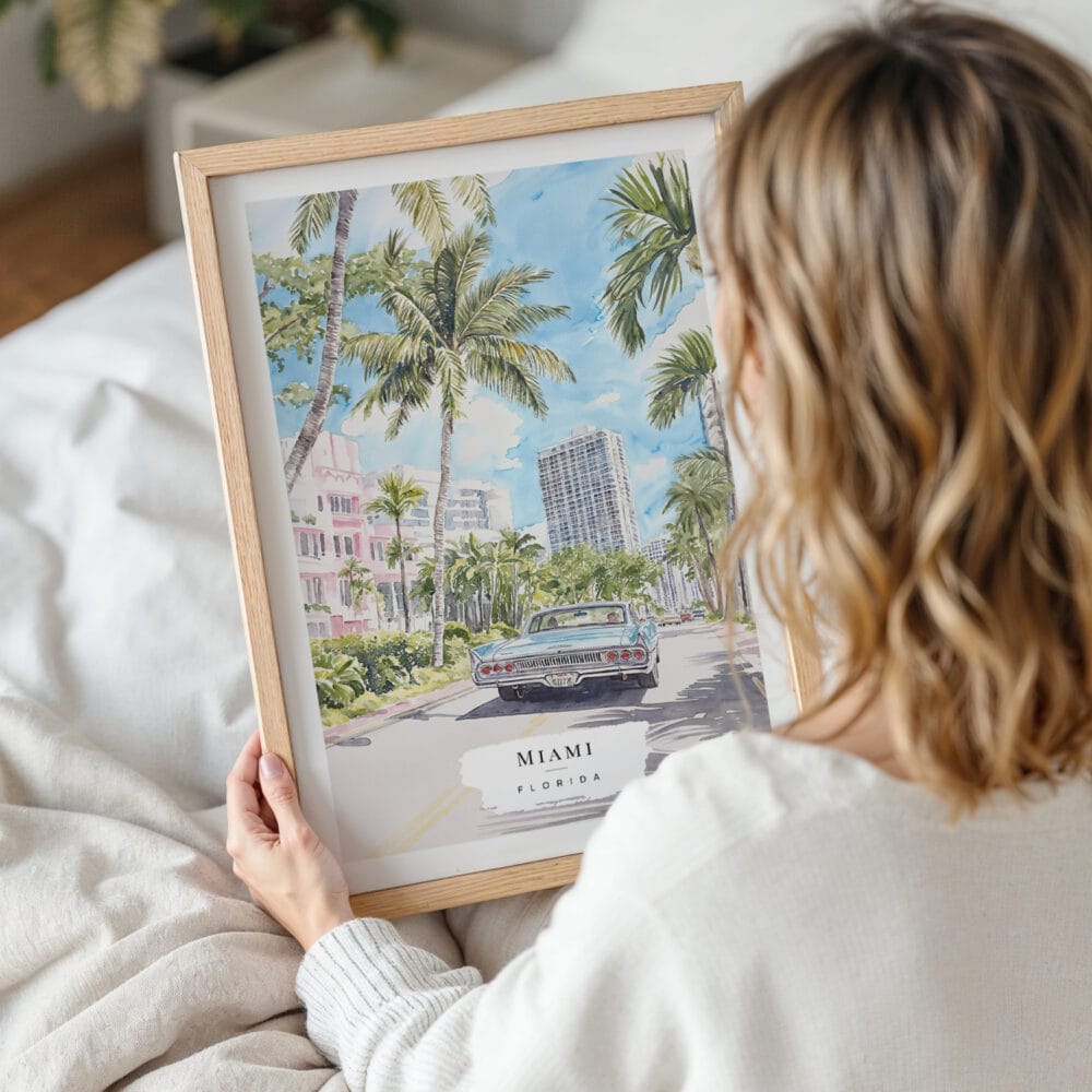 Woman Holding Framed Miami Watercolor Painting Wall Art - Portrait Woman Holding Framed Miami Watercolor Painting Wall Art - Portrait