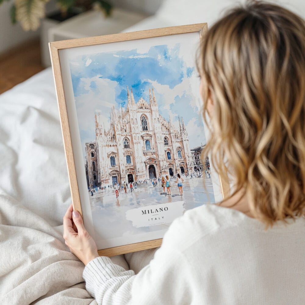 Woman Holding Framed Milano Italy Watercolor Wall Art - Portrait Woman Holding Framed Milano Italy Watercolor Wall Art - Portrait