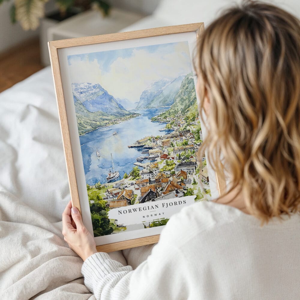 Woman Holding Framed Norwegian Fjords Watercolor Wall Art - Portrait Woman Holding Framed Norwegian Fjords Watercolor Wall Art - Portrait