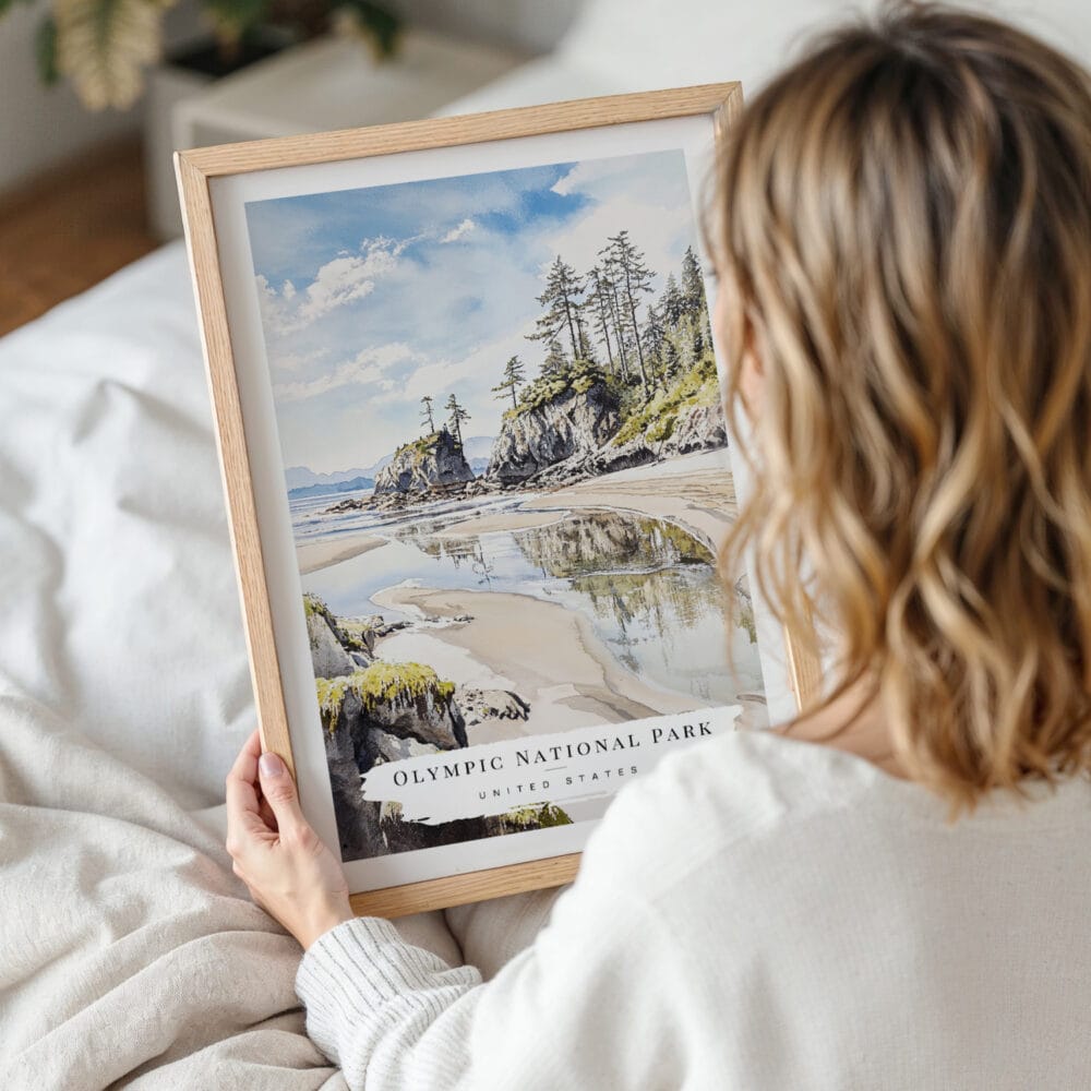 Woman Holding Framed Olympic National Park Rialto Beach Watercolor Wall Art - Portrait Woman Holding Framed Olympic National Park Rialto Beach Watercolor Wall Art - Portrait