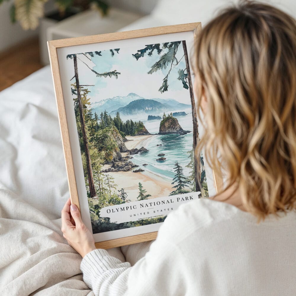 Woman Holding Framed Olympic National Park Watercolor Wall Art - Portrait Woman Holding Framed Olympic National Park Watercolor Wall Art - Portrait