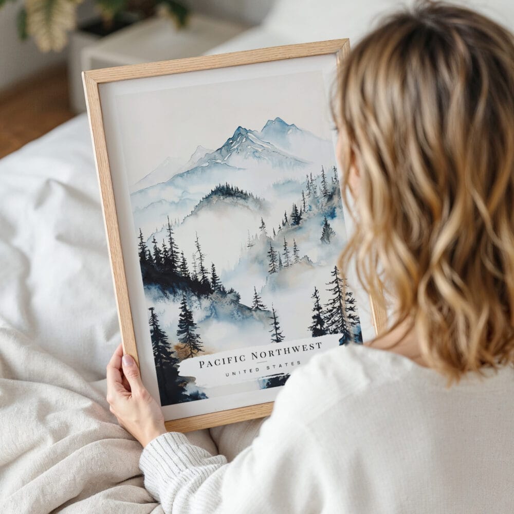 Woman Holding Framed Pacific Northwest Watercolor Wall Art - Portrait Woman Holding Framed Pacific Northwest Watercolor Wall Art - Portrait