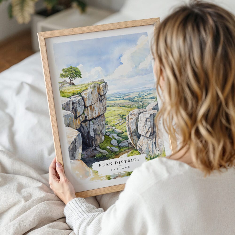Woman Holding Framed Peak District England Watercolor Wall Art - Portrait Woman Holding Framed Peak District England Watercolor Wall Art - Portrait