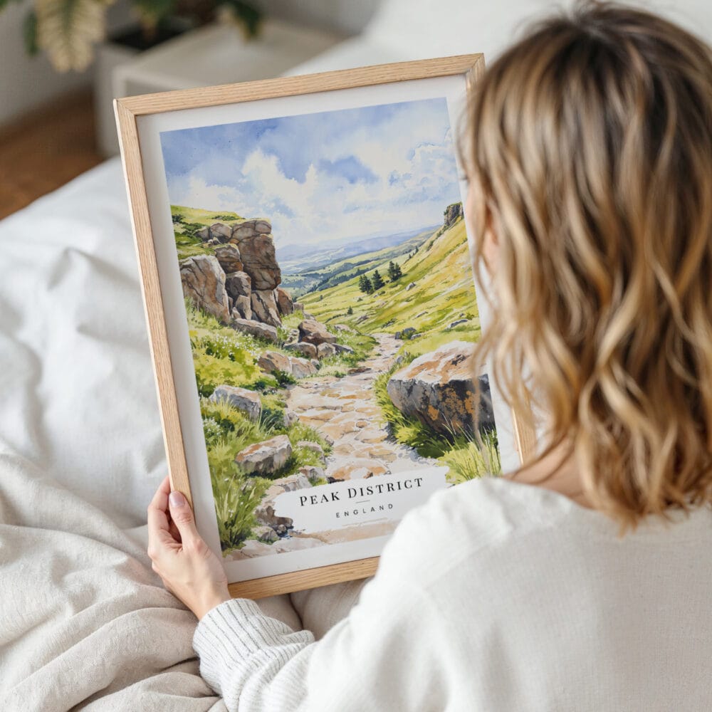 Woman Holding Framed Peak District Watercolor Wall Art - Portrait Woman Holding Framed Peak District Watercolor Wall Art - Portrait