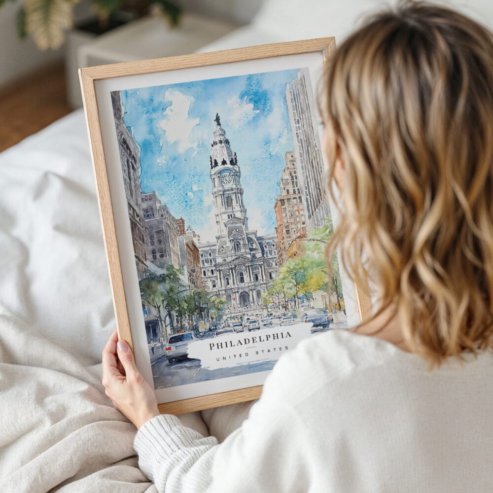 Woman Holding Framed Philadelphia City Hall Watercolor Wall Art - Portrait Woman Holding Framed Philadelphia City Hall Watercolor Wall Art - Portrait