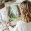 Woman Holding Framed Redwood California National Park Watercolor Wall Art - Portrait