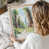 Woman Holding Framed Redwood California National Park Watercolor Wall Art - Portrait