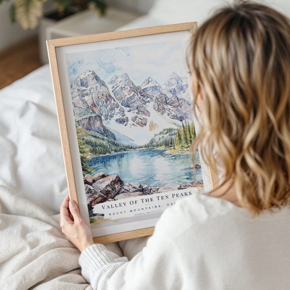 Woman Holding Framed Rocky Mountains Valleys Of the Ten Peaks Watercolor Wall Art - Portrait Woman Holding Framed Rocky Mountains Valleys Of the Ten Peaks Watercolor Wall Art - Portrait
