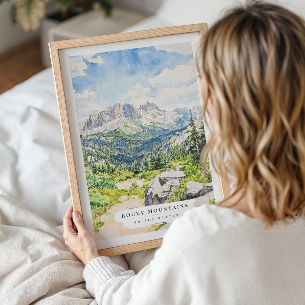 Woman Holding Framed Rocky Mountains Watercolor Wall Art - Portrait Woman Holding Framed Rocky Mountains Watercolor Wall Art - Portrait