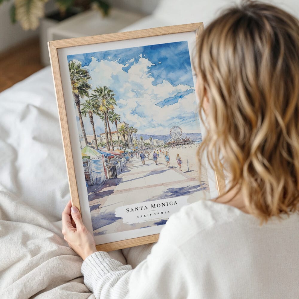 Woman Holding Framed Santa Monica Watercolor Wall Art - Portrait Woman Holding Framed Santa Monica Watercolor Wall Art - Portrait