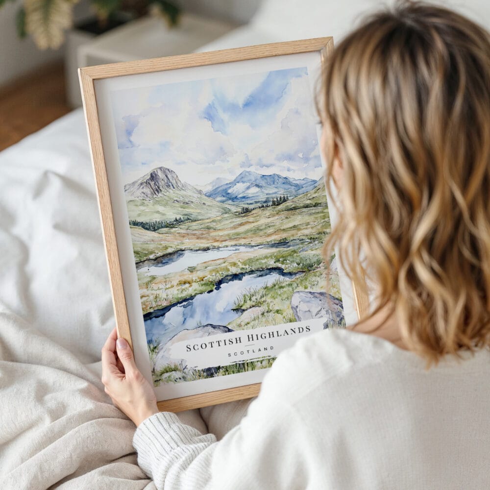 Woman Holding Framed Scottish Highlands Watercolor Wall Art - Portrait Woman Holding Framed Scottish Highlands Watercolor Wall Art - Portrait