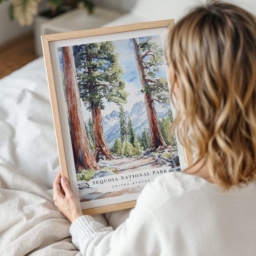 Woman Holding Framed Sequoia California Watercolor Wall Art - Portrait Woman Holding Framed Sequoia California Watercolor Wall Art - Portrait