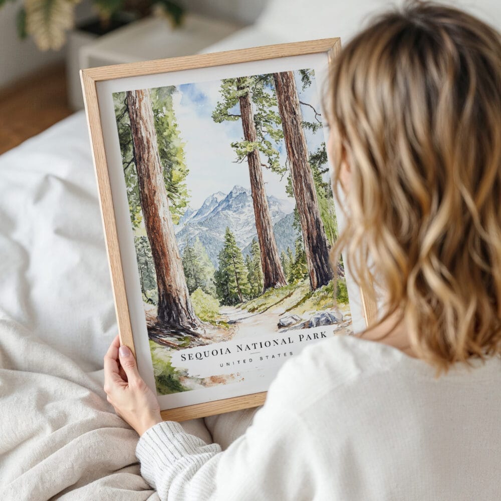 Woman Holding Framed Sequoia National Park Watercolor Wall Art - Portrait Woman Holding Framed Sequoia National Park Watercolor Wall Art - Portrait