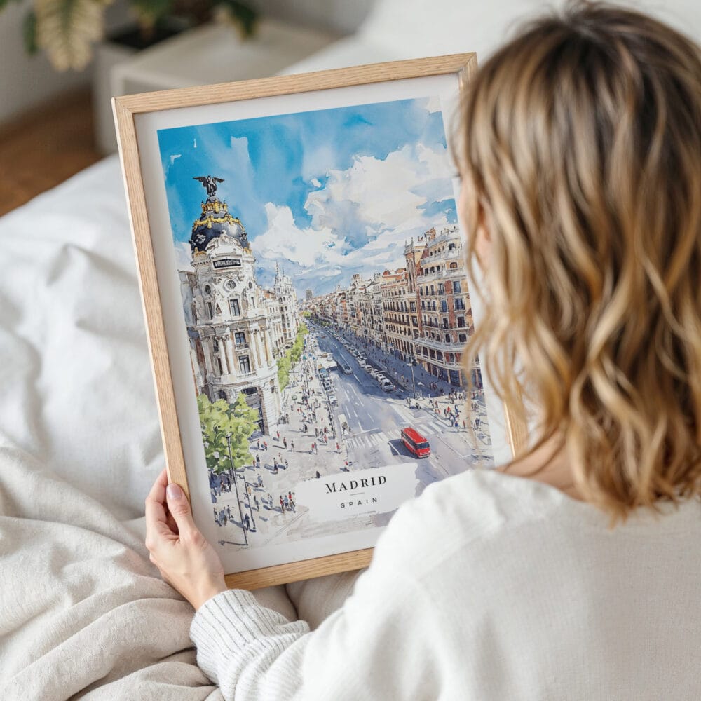 Woman Holding Framed Spain Madrid Watercolor Wall Art - Portrait Woman Holding Framed Spain Madrid Watercolor Wall Art - Portrait