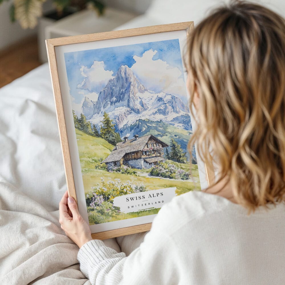 Woman Holding Framed Swiss Alps Watercolor Wall Art - Portrait Woman Holding Framed Swiss Alps Watercolor Wall Art - Portrait