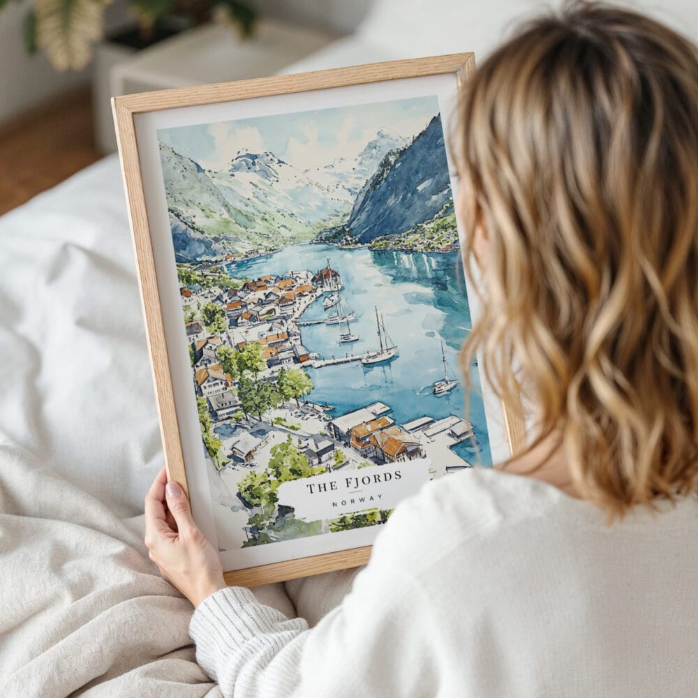 Woman Holding Framed The Fjords Watercolor Wall Art - Portrait Woman Holding Framed The Fjords Watercolor Wall Art - Portrait