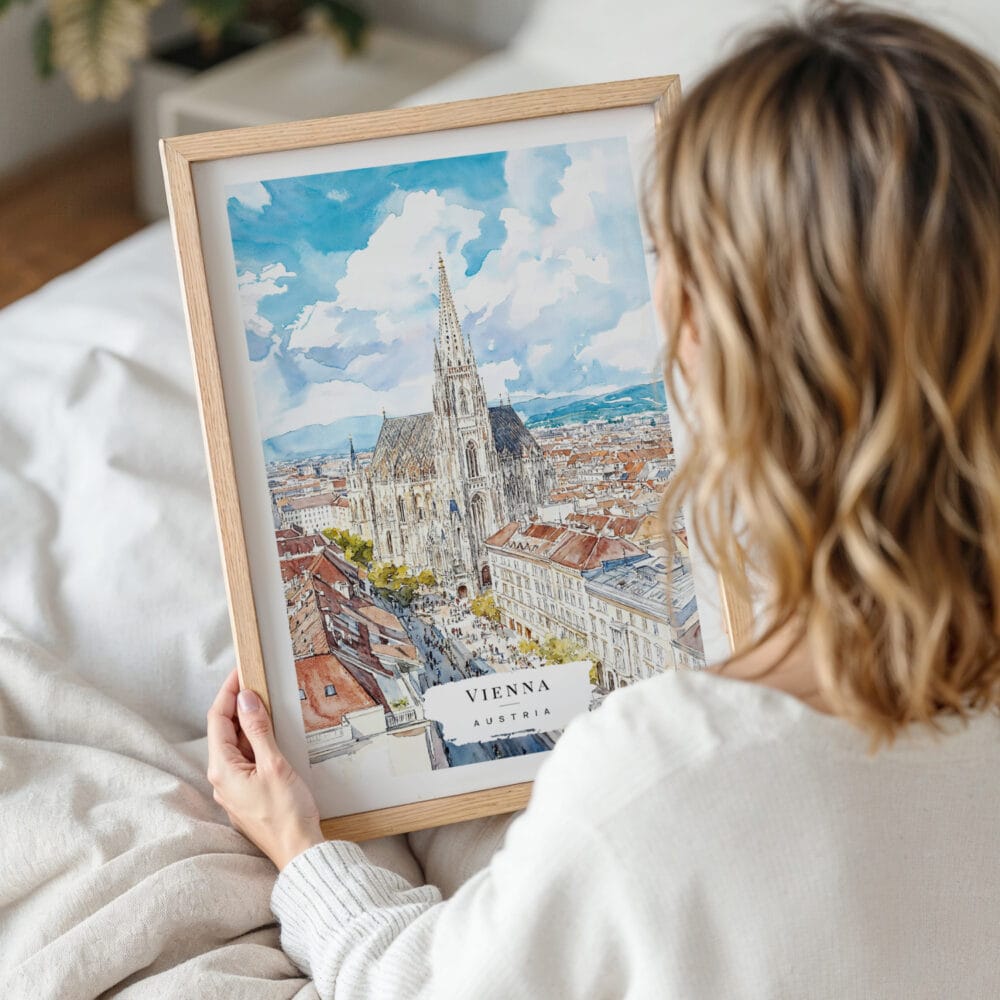 Woman Holding Framed Vienna Watercolor Wall Art - Portrait Woman Holding Framed Vienna Watercolor Wall Art - Portrait