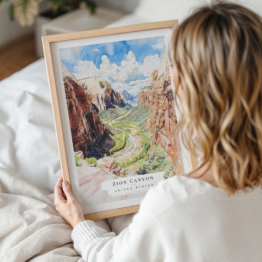 Woman Holding Framed Zion Canyon Watercolor Wall Art - Portrait Woman Holding Framed Zion Canyon Watercolor Wall Art - Portrait