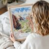 Woman Holding Framed Zion Canyon Watercolor Wall Art - Portrait