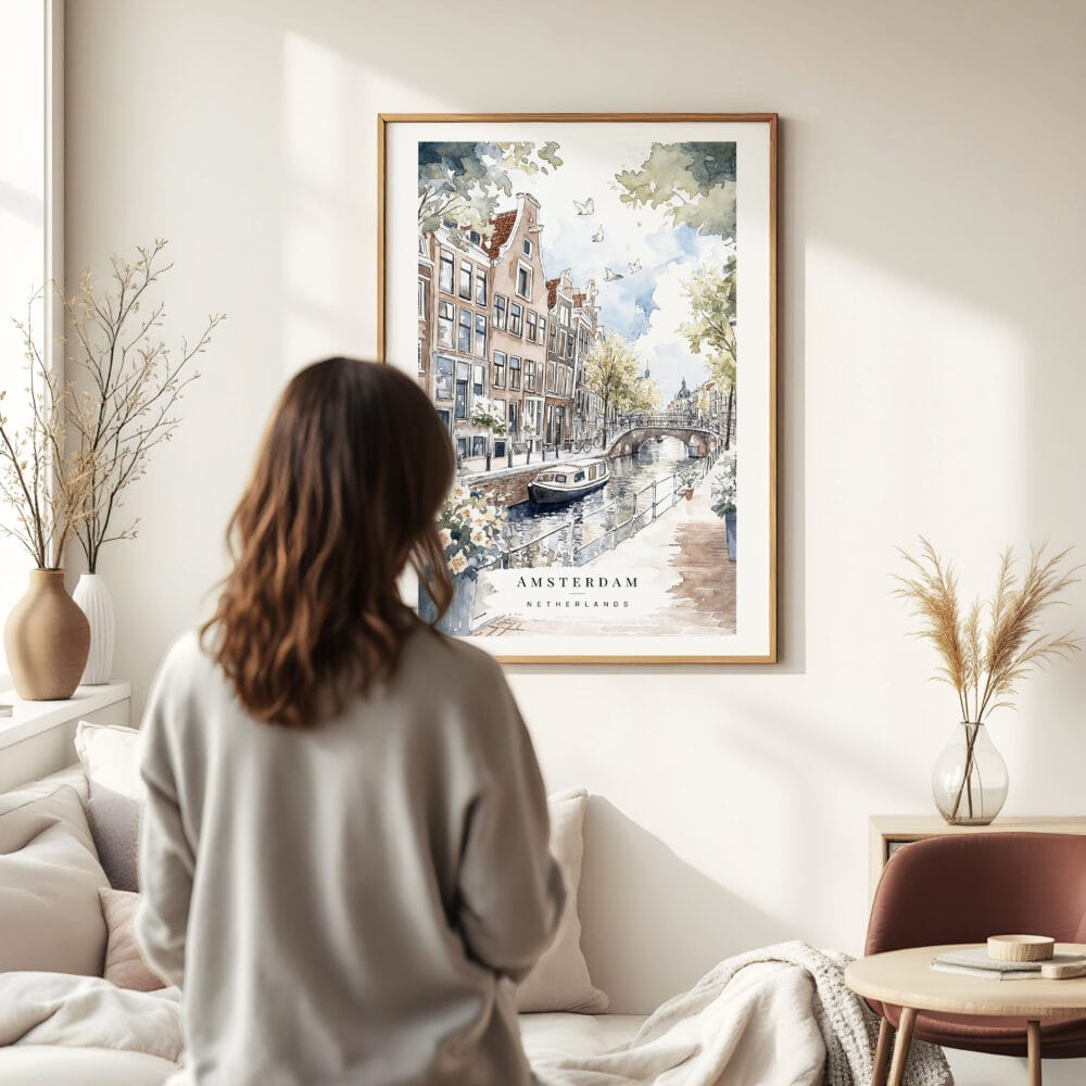 Woman standing in front of Amsterdam - Grachtengordel Boat Watercolor Art Print Woman standing in front of Amsterdam - Grachtengordel Boat Watercolor Art Print