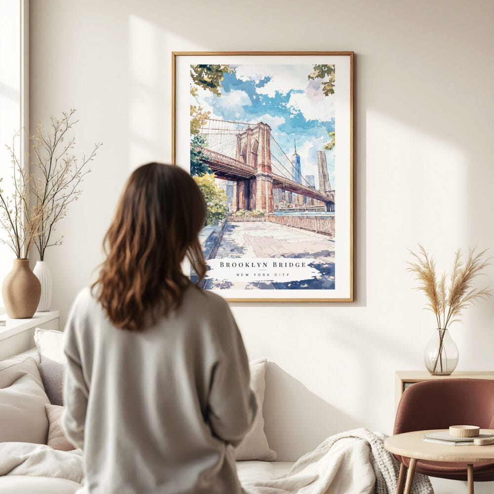 Woman standing in front of Brooklyn Bridge Watercolor Art Print Woman standing in front of Brooklyn Bridge Watercolor Art Print