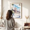 Woman standing in front of Brooklyn Bridge Watercolor Art Print