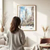 Woman standing in front of Chrysler Building Watercolor Art Print