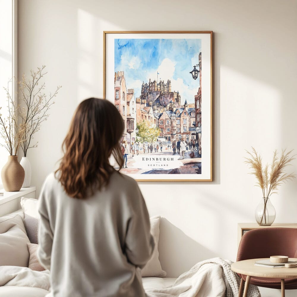 Woman standing in front of Edinburgh Watercolor Art Print Woman standing in front of Edinburgh Watercolor Art Print
