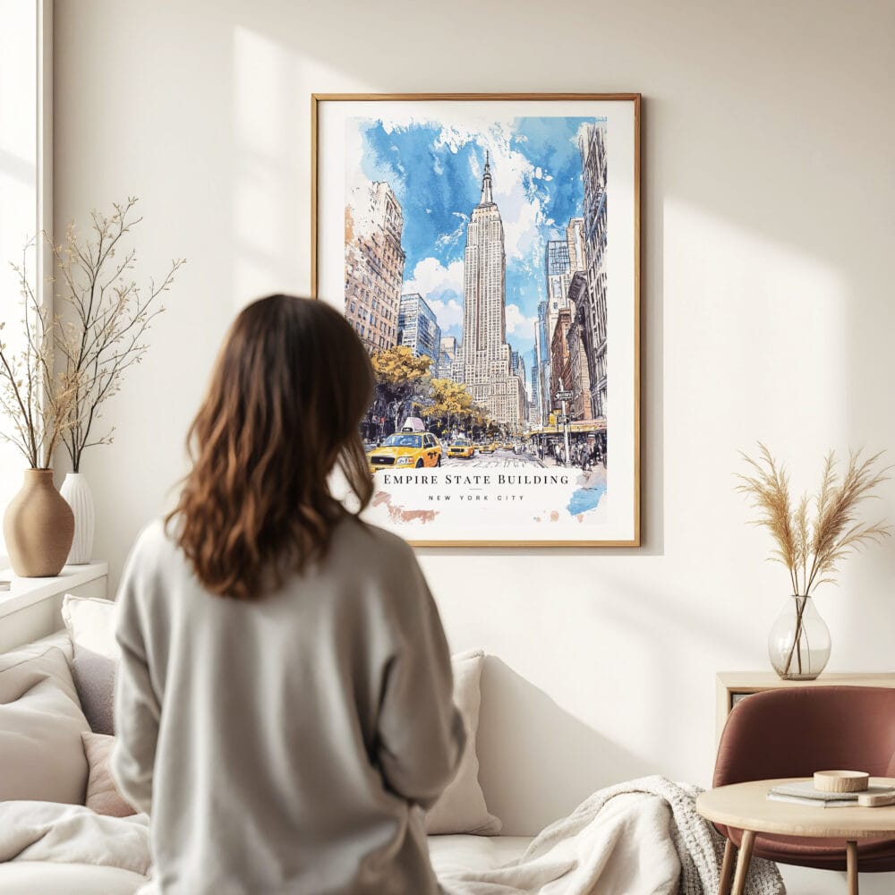Woman standing in front of Empire State Building Watercolor Art Print Woman standing in front of Empire State Building Watercolor Art Print