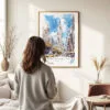 Woman standing in front of Empire State Building Watercolor Art Print